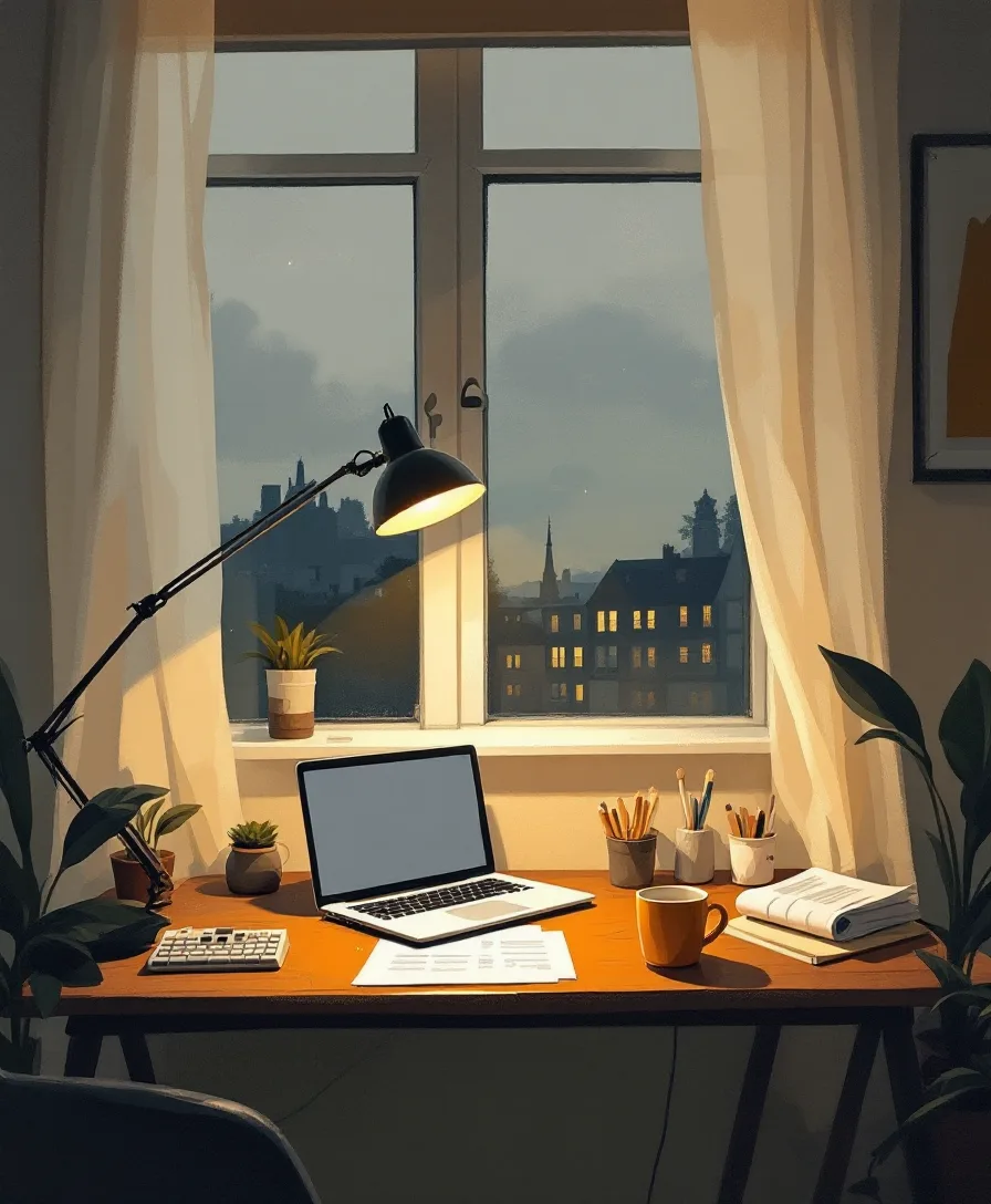 A lamplit desk with a security report, laptop and coffee — the Kryptelia workspace
