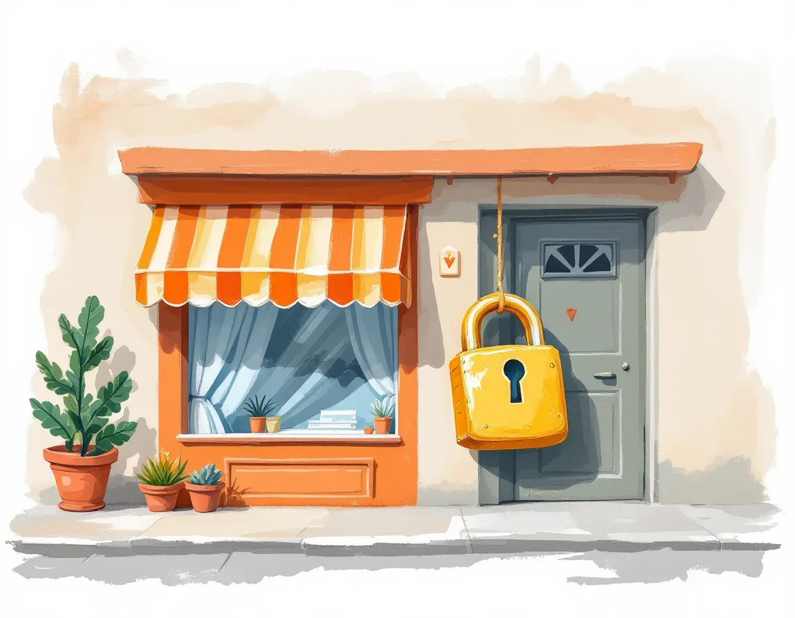 Painterly illustration of a padlock guarding a small business storefront